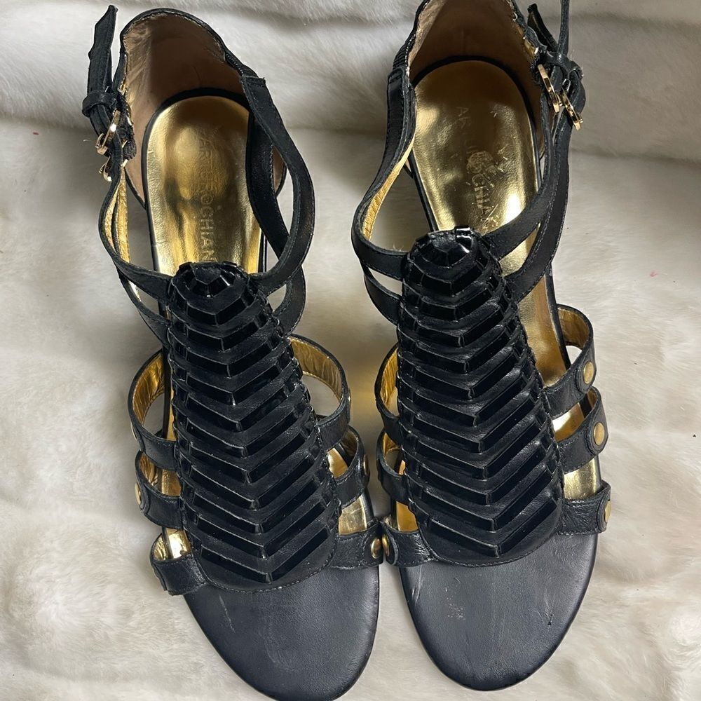 Arturo Chiang Leather black ankle straps wedge sandals SZ10M - Picture 10 of 12